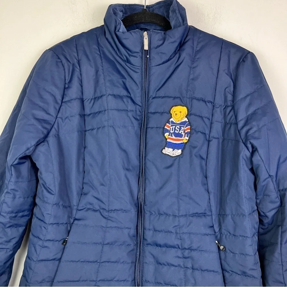 Land's End Lightweight Blue Fill Zip USA Polo Bear Patch Medium Petite